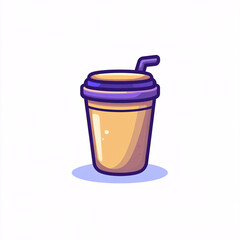 A stylized illustration of a cup with a lid and straw, featuring a cream-colored beverage, set against a plain background.