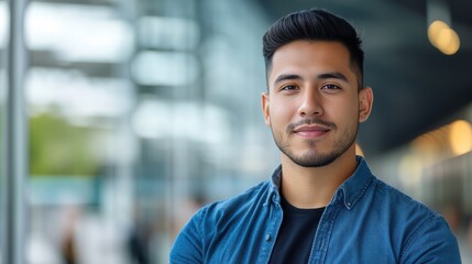 Obraz premium Confident Young Man Smiling in Modern Urban Environment