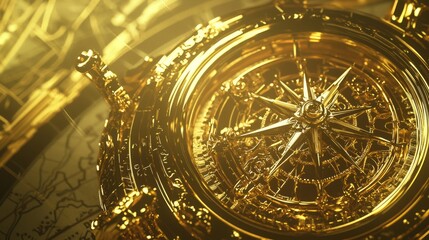Obraz premium Intricate Steampunk Compass on Vintage Map Background - Ultra-Detailed 3D Render Artwork