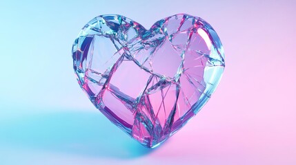 A broken glass heart with neon light reflecting off the cracks, symbolizing fragile love.