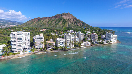 Aerial view of oceanfront condos along the Gold Coast area of Waikik in Honolulu on Oahu, Hawaii © Ryan Tishken