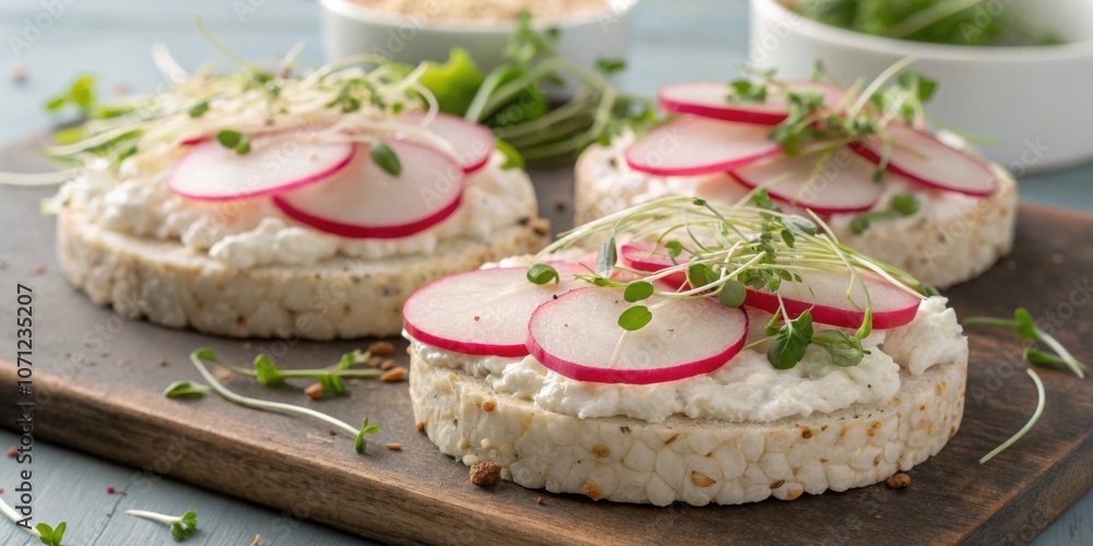 Poster rice cake with toppings a closeup view of a rice cake spread with cream cheese and topped with slice