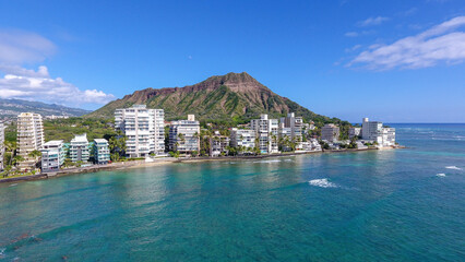 Aerial view of Diamond Head and oceanfront Gold Coast condos in Honolulu on Oahu, Hawaii