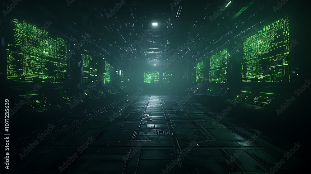Poster a dimly lit cybernetic environment filled with glowing green patterns on walls, creating an atmosphe