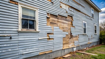 Exterior wall of house with damaged plastic siding in need of replacement , home improvement, renovation, construction, damaged