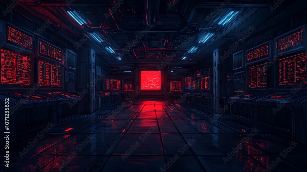 Aufkleber A neon-lit corridor in a futuristic environment, featuring shimmering reflections and glowing data screens, creating a sci-fi atmosphere.