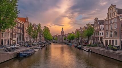 Fototapeta premium Sunset Over a Serene Canal in Amsterdam