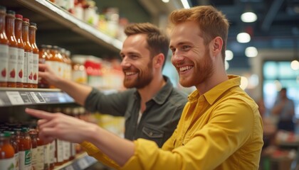 Two smiling men are shopping together in a grocery store, browsing items on the shelves, representing friendship, daily life, and shared experiences.