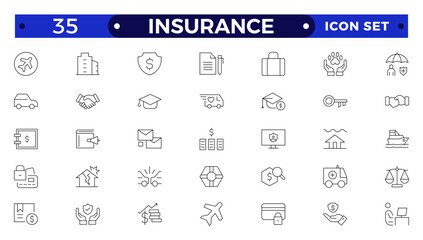 Insurance Outline icons set. Life, medical, car, travel, house, healthcare, money and social insurance, education, insurance, law, government  thin line icon pack. Outline icons collection.