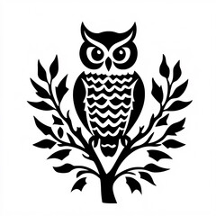 Fototapeta premium A stylized black owl perched on a branch, showcasing detailed feathers and leaves, symbolizing wisdom and nature.
