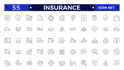 Insurance Outline icons set. Life, medical, car, travel, house, healthcare, money and social insurance, education, insurance, law, government  thin line icon pack. Outline icons collection.