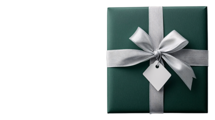 Elegant green gift box with silver ribbon and tag
