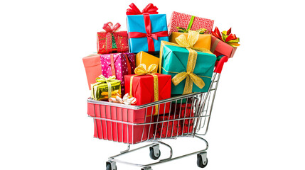Cheerful shopping cart filled with colorful wrapped gifts