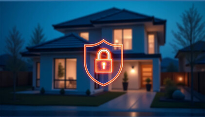 A modern smart home with a glowing padlock and shield overlaid on it symbolizes a safe and secure home. 
