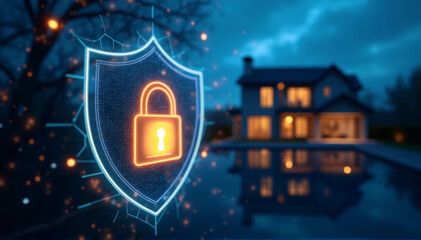 A modern smart home with a glowing padlock and shield overlaid on it symbolizes a safe and secure home. 
