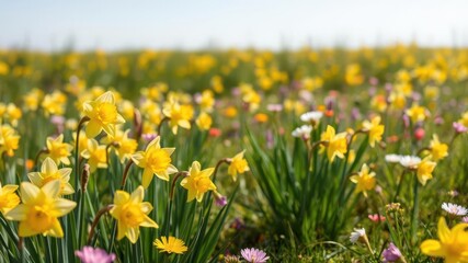 A close-up shot of vibrant yellow daffodil flowers blooming in a lush green field, flowers, yellow