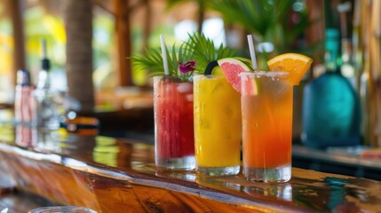 A variety of refreshing mocktails displayed on a beachthemed bar including fruity blends and tropical flavors.