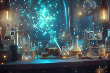 Mystical chemistry scene with glowing molecules and magical looking potions. Ethereum lab setup