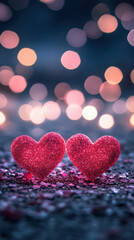 Two sparkling red hearts on blurred background with bokeh lights, symbolizing love and romance. Perfect for Valentine Day or romantic occasions