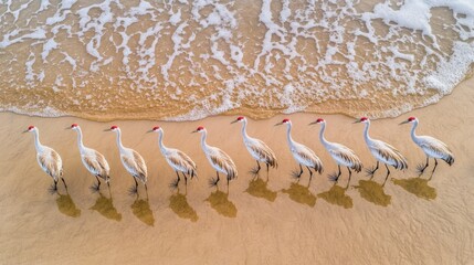 Fototapeta premium Cranes Walking Along Shoreline at Sunrise