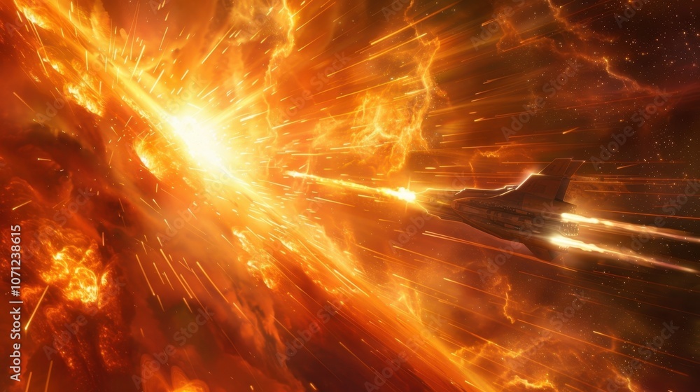 Poster in the midst of the solar flares a spaceship was caught in the powerful beams of light making it app