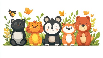 Naklejka premium Cartoon Animals in Action Surrounded by Nature