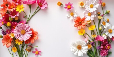 Fototapeta premium Colorful spring flowers including tulips, daisies, and daffodils arranged on a paper background, beautiful, joyful