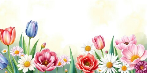 Colorful watercolor illustration of various flowers including roses, daisies, and tulips on a white background, daisies, vibrant