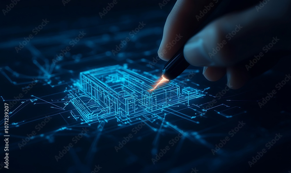Poster a futuristic hand drawing a digital circuit design in glowing blue, showcasing technology and innova