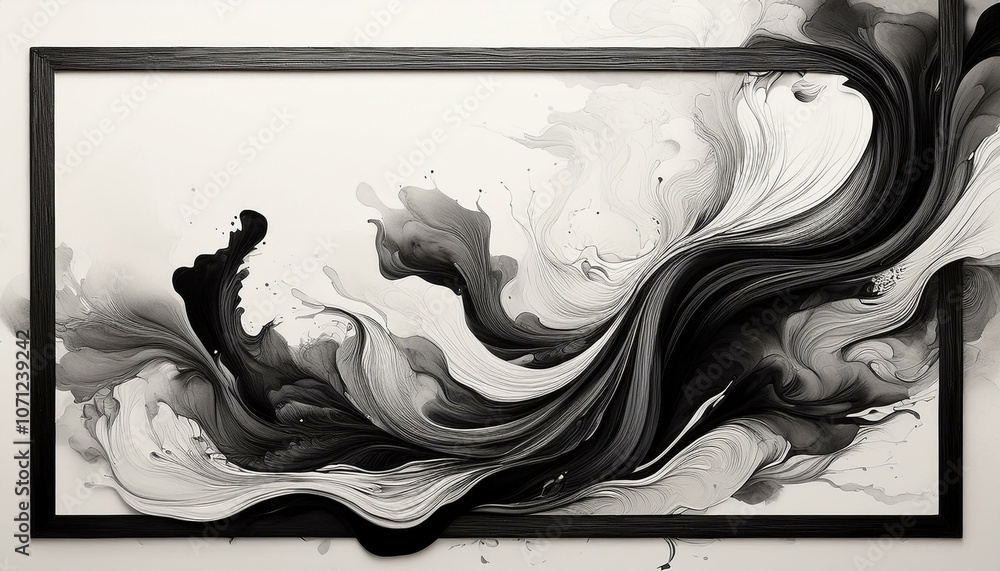 Poster design with flowing black and white ink in square frame
