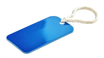 Bright blue tag with smooth surface and thin white cord, isolated on a white background