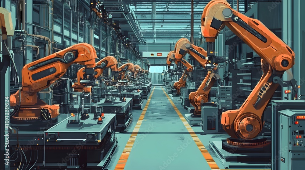 Poster portray a factory floor filled with robotic arms and automated machines working seamlessly, with min