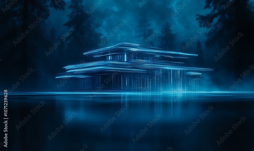 Poster a glowing structure in a misty forest, illuminated by blue lights, reflects on calm water, creating 