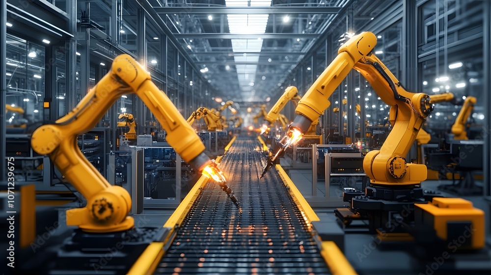 Poster portray a factory floor filled with robotic arms and automated machines working seamlessly, with min