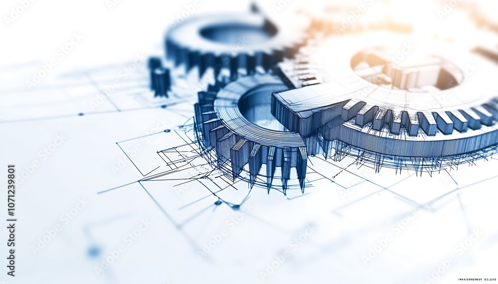 Aufkleber A close-up view of interlocking gears with a blueprint background, symbolizing engineering, mechanics, and innovation in technology.