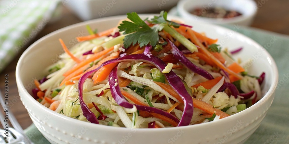 Poster Shredded Cabbage Salad A crisp closeup of finely shredded cabbage mixed with colorful carrots and a light vinaigrette showing a refreshing and crunchy salad that can replace rice