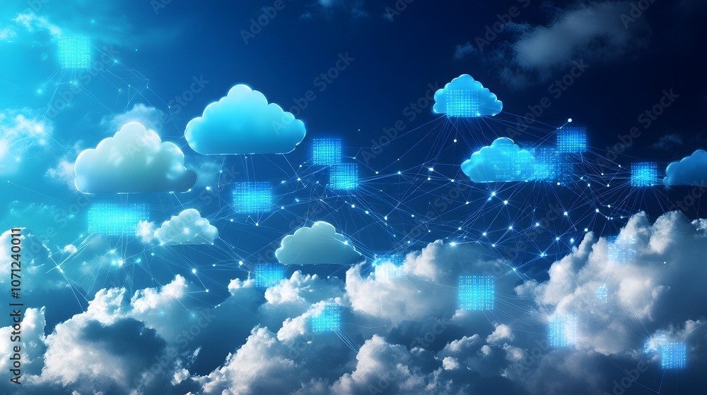 Poster a futuristic landscape of interconnected servers floating in the sky, symbolizing the vast reach and