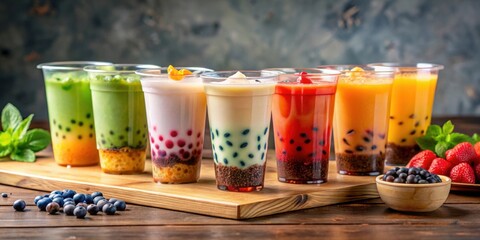 Colorful bubble tea flavors with assorted toppings on wooden counter , bubble tea, flavors, toppings, colorful, variety