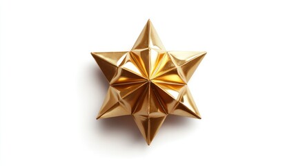 Fototapeta premium Reflective 3D gold star with metallic finish, isolated on white, top-down perspective.
