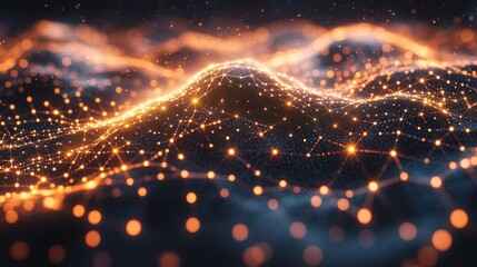 Naklejka premium Abstract glowing digital landscape with a network of connected dots.