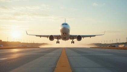 An airplane is captured mid-landing on a runway at sunset, symbolizing travel, adventure, and the...