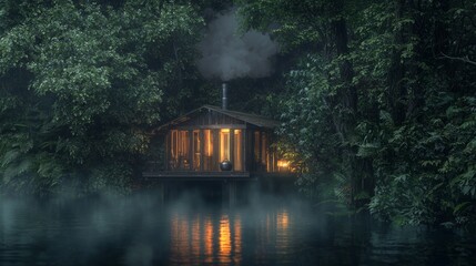 Fototapeta premium Steampunk Lakeside Retreat: Cozy Cabin Among Lush Trees with Vintage Kettle Steam - Ultra-Detailed 3D Render Digital Art