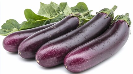 Four fresh purple eggplants with green leaves on a white background.