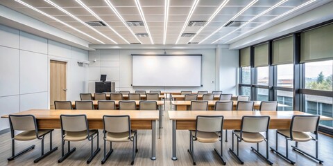 Classroom in university with rows of desks, chairs, whiteboard, and projector screen, university, classroom, education