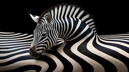 Naklejka premium Warping zebra stripe patterns curving across the surface, forming an intricate black-and-white optical illusion full of movement and depth