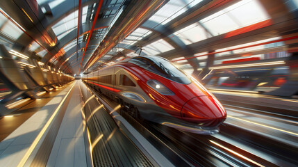 high tech speed train futuristic city train station sunrise