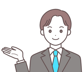 横を示すスーツの男性