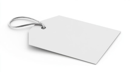 Classic white tag with a smooth surface and silver tie, isolated on a clean white background