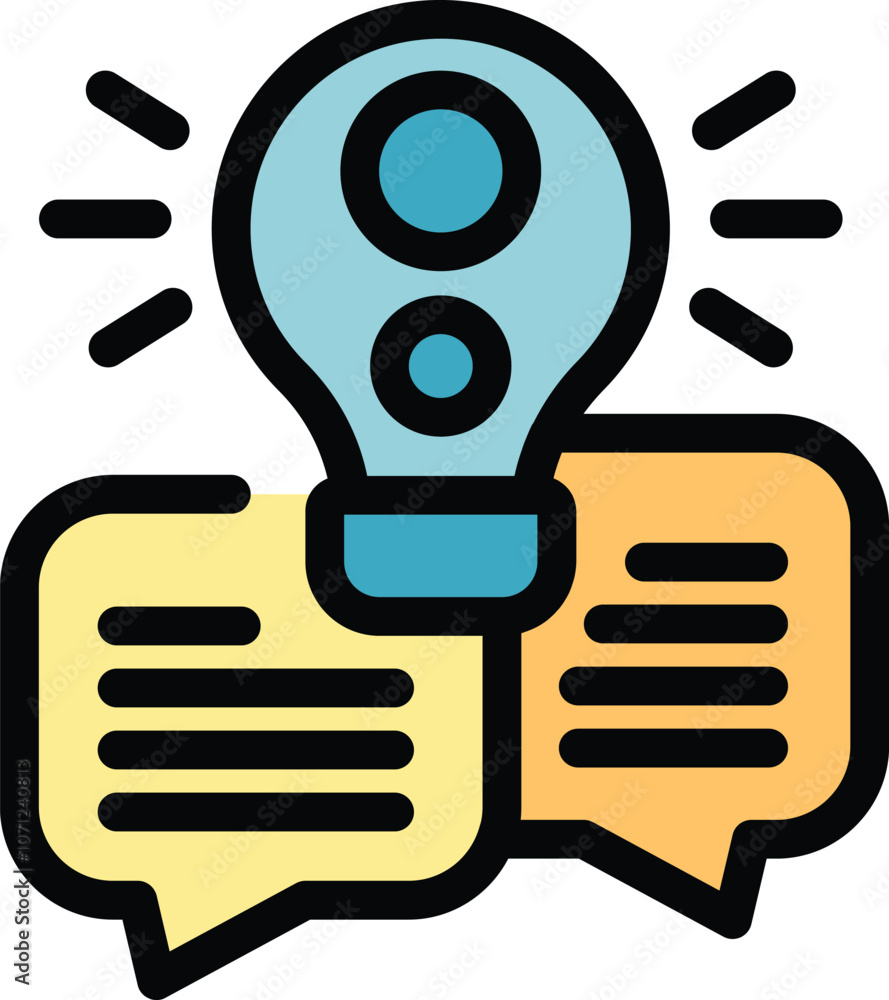 Poster light bulb is shining over two speech bubbles, representing the concept of collaborative idea genera