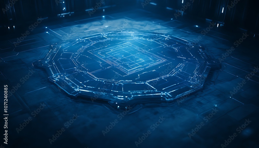 Poster a glowing, futuristic circular pattern on a dark surface, illuminated in blue light, evoking a sense